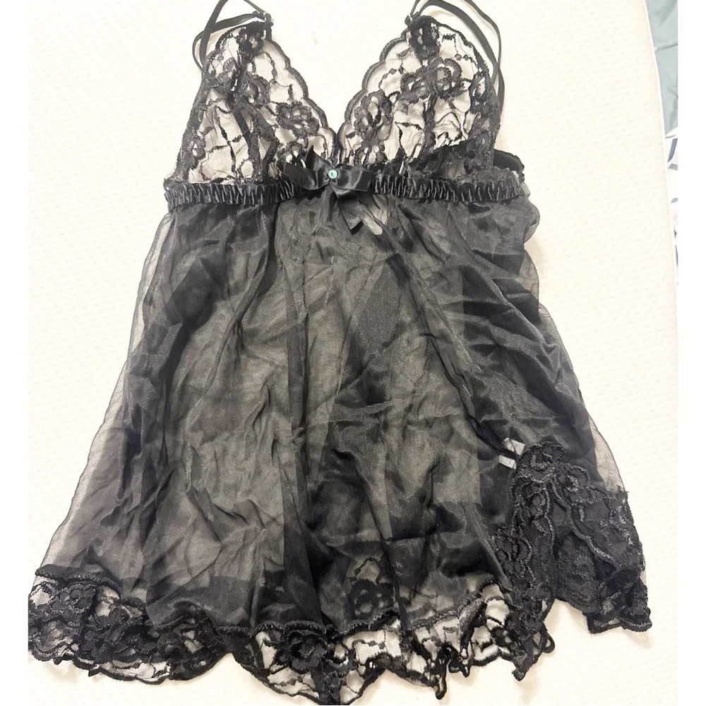 Fredericks Of Hollywood Black Lace Mesh Chemise Sheer Nightie Lingerie Size L - Picture 1 of 6